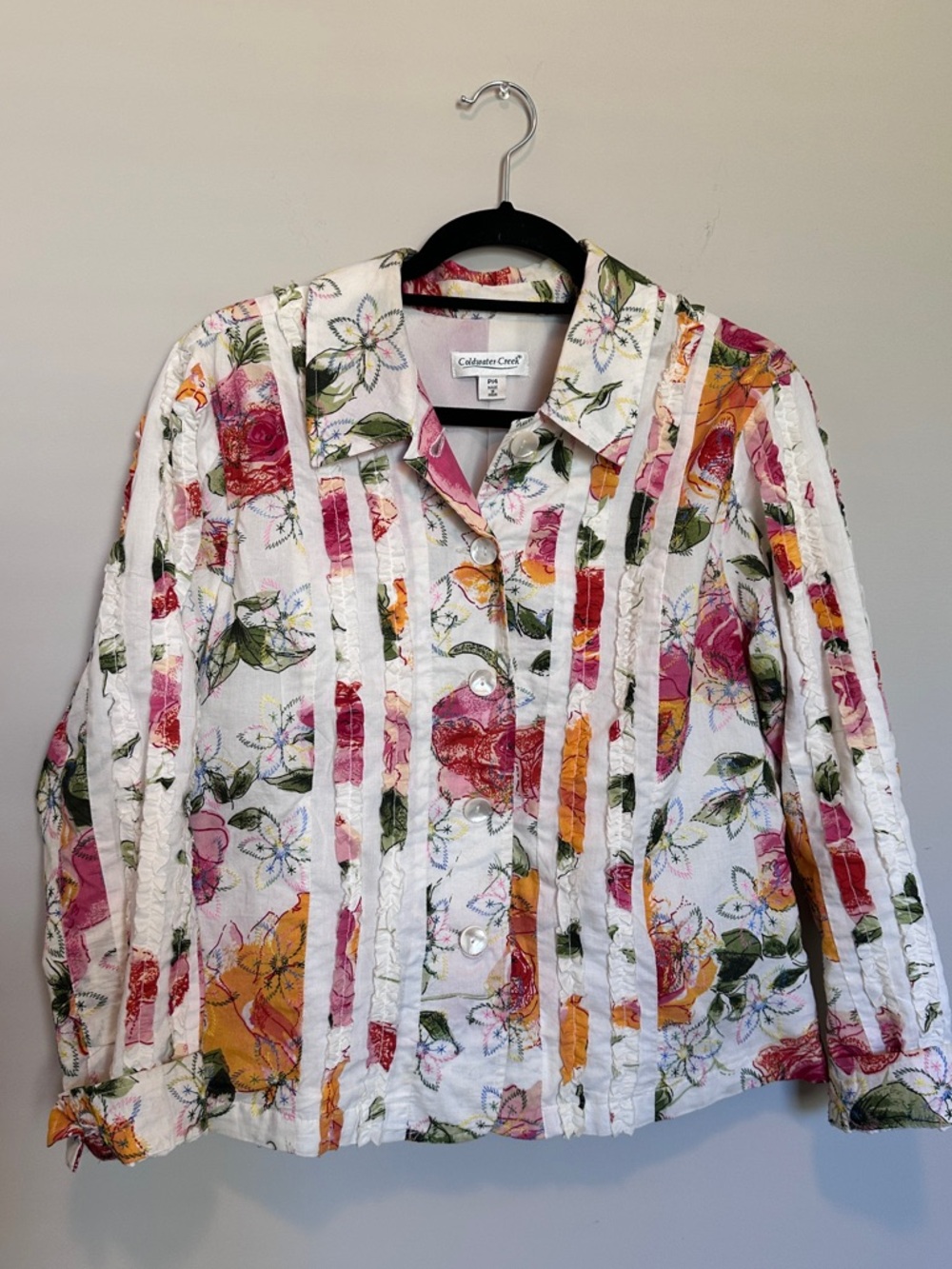 Embroidered Coldwater Creek White Floral Button-Up Shacket